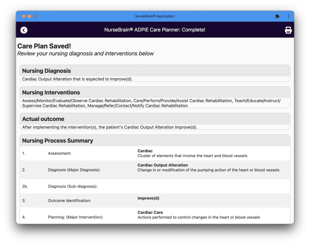 The summary screen of the Nursing Care Plan