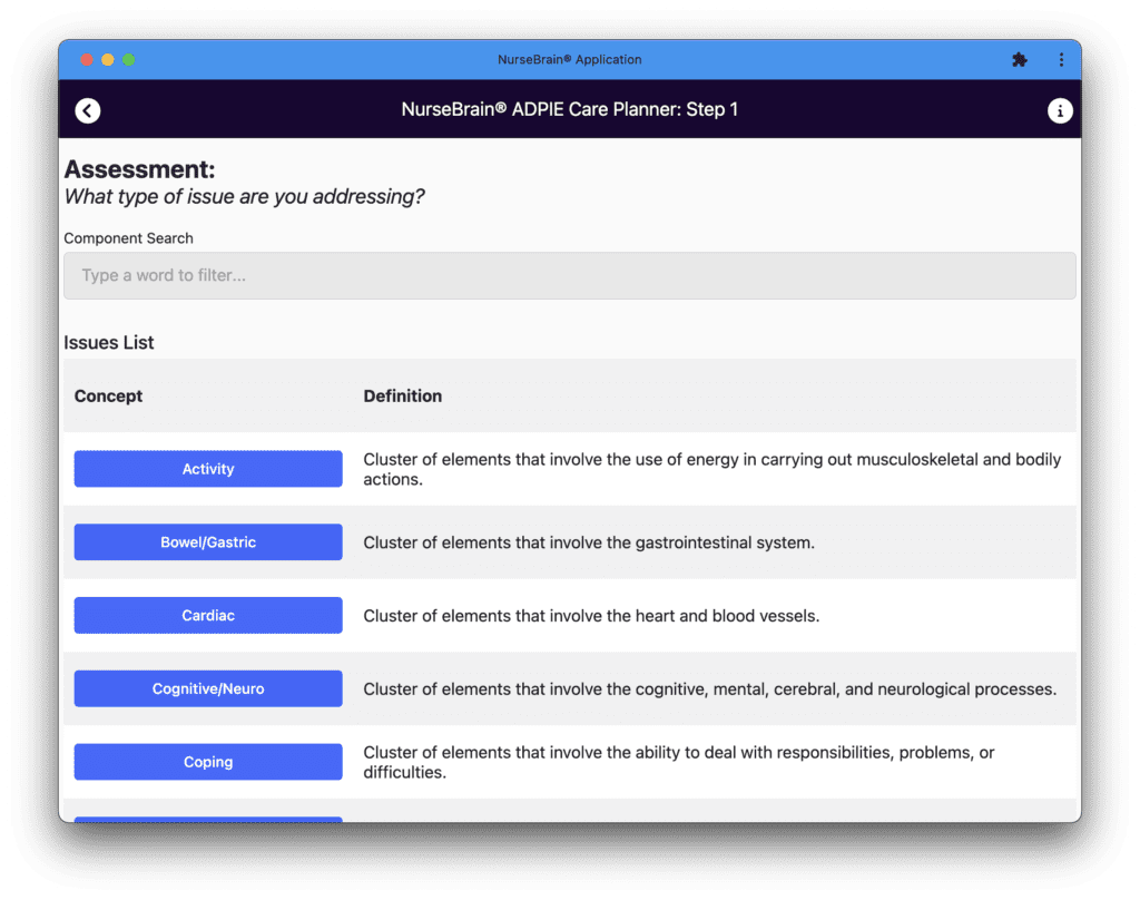 The assessment screen of the Nursing Care Plan