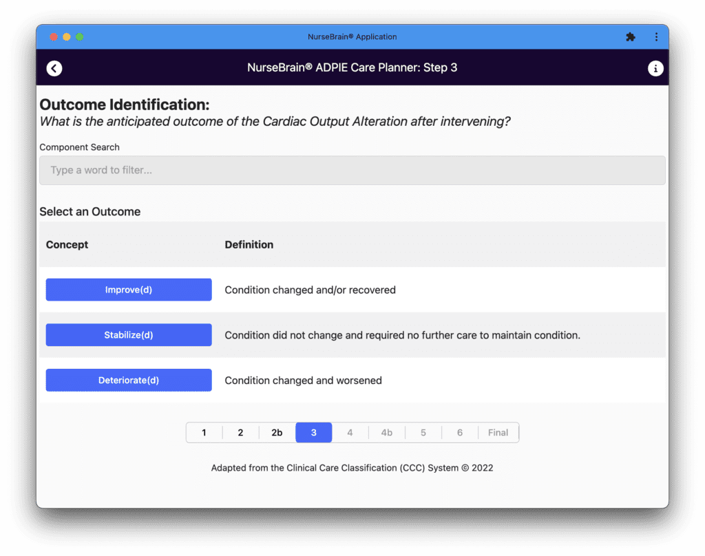 The outcome identification screen of the Nursing Care Plan